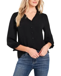 CeCe 3/4 Sleeve Ruffled V-Neck Blouse Rich Black Best