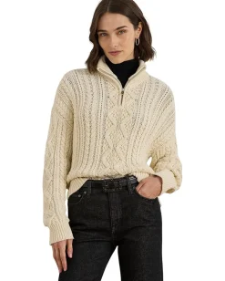 Lauren Ralph Lauren Aran-Knit Cotton Quarter-Zip Pullover Mascarpone Cream Hot