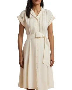 Lauren Ralph Lauren Belted Crepe Pintucked Shirtdress Mascarpone Cream New