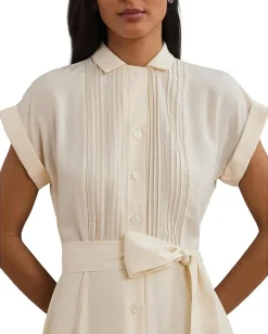 Lauren Ralph Lauren Belted Crepe Pintucked Shirtdress Mascarpone Cream New