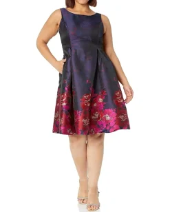 Adrianna Papell Border Jacquard Dress Navy/Pink Multi New