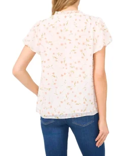 CeCe Bubble Sleeve Split Neck Blouse With Tie New Ivory