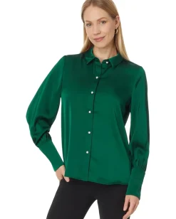 CeCe Button Down Long Slv Collared Tall Cuff Blouse 353 Darkforest Sale