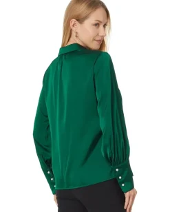 CeCe Button Down Long Slv Collared Tall Cuff Blouse 353 Darkforest Sale