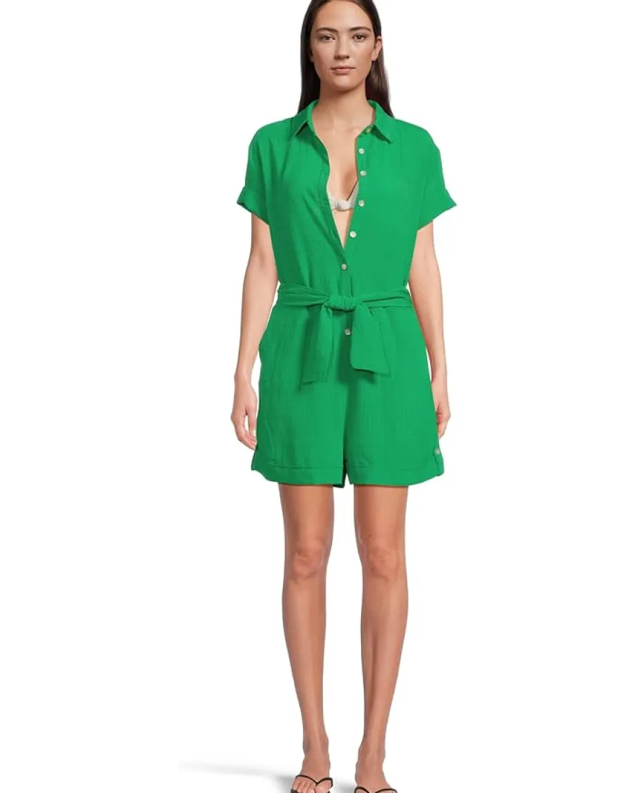 BECCA Swimwear|Swimsuits & Cover-Ups<Cabana Textured Button Front Romper cover-up Verde