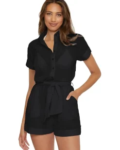 BECCA Cabana Textured Button Front Romper cover-up Black Sale