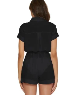 BECCA Cabana Textured Button Front Romper cover-up Black Sale