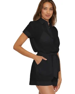 BECCA Cabana Textured Button Front Romper cover-up Black Sale