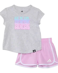 adidas Kids Clothing<Cap Sleeve Heather Tee & Woven Short Set(Infant) Light Grey Heather