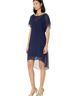Adrianna Papell Chiffon Overlay Sheath Dress Navy