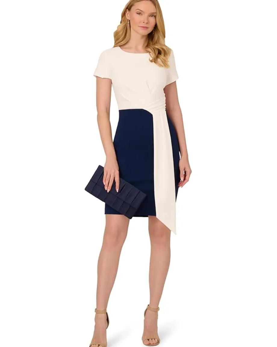 Adrianna Papell Dresses|Dresses<Color-Block Draped Short Dress Ivory/Navy