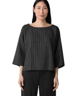 Eileen Fisher Cotton Blend Stripe Stitch Bateau Neck Box Top Black Best