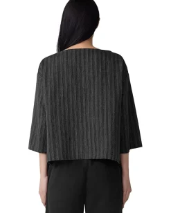 Eileen Fisher Cotton Blend Stripe Stitch Bateau Neck Box Top Black Best