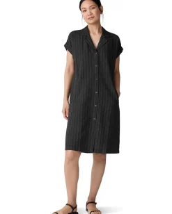 Dresses|Dresses|Eileen Fisher Cotton Blend Stripe Stitch Notch Collar Shirt Dress Black