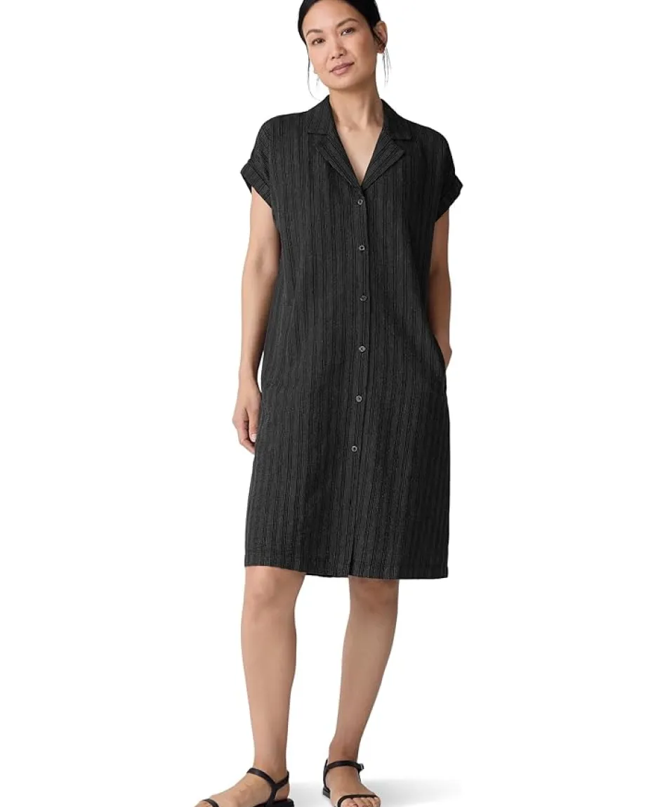 Dresses|Dresses|Eileen Fisher Cotton Blend Stripe Stitch Notch Collar Shirt Dress Black