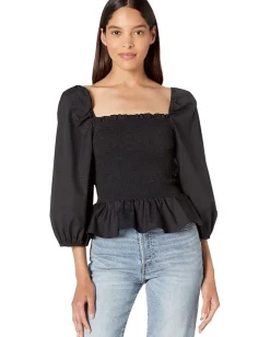 BCBGMAXAZRIA Cotton Puff Sleeve Smocked Bodice Top Black Discount