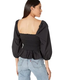 BCBGMAXAZRIA Cotton Puff Sleeve Smocked Bodice Top Black Discount