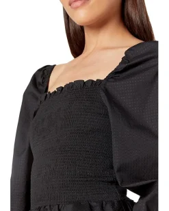 BCBGMAXAZRIA Cotton Puff Sleeve Smocked Bodice Top Black Discount