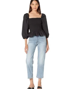 BCBGMAXAZRIA Cotton Puff Sleeve Smocked Bodice Top Black Discount