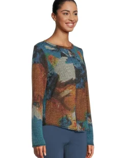 Elliott Lauren Crew Neck Long Sleeve Top with Overlok Stitching Blue Multi New