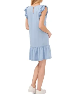 CeCe Crew Neck Ruffle Sleeve Dress Light Blue Wash Hot