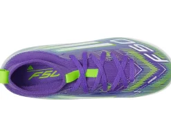 adidas Kids F50 League Mid Top Firm Ground/Multi Ground Cleats (Little Kid/Big Kid) Purple Rush/White/Lucid Lemon Clearance