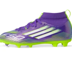 adidas Kids F50 League Mid Top Firm Ground/Multi Ground Cleats (Little Kid/Big Kid) Purple Rush/White/Lucid Lemon Clearance