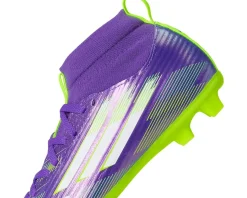 adidas Kids F50 League Mid Top Firm Ground/Multi Ground Cleats (Little Kid/Big Kid) Purple Rush/White/Lucid Lemon Clearance