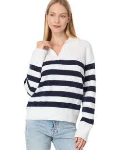 Sweaters|Michael Stars Finley Johnny Collar Stripe Chalk/Nocturnal Stripe