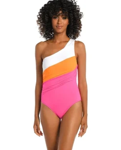 La Blanca Island Goddess Shirred Color-Block One Shoulder Mio Tangerine Best