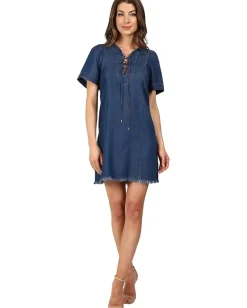 7 For All Mankind Dresses|Dresses<Lace-Up Denim Dress Deep Lagoon Blue