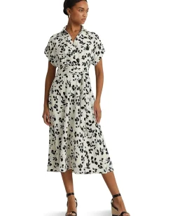 Dresses|Dresses|Lauren Ralph Lauren Leaf-Print Belted Crepe Dress Cream/Black