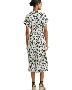 Dresses|Dresses|Lauren Ralph Lauren Leaf-Print Belted Crepe Dress Cream/Black