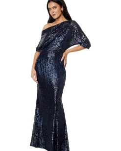 Betsy & Adam Long 3/4 Sleeve Off-the-Shoulder Sequin Dress Navy Outlet