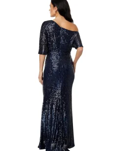 Betsy & Adam Long 3/4 Sleeve Off-the-Shoulder Sequin Dress Navy Outlet
