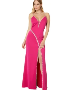 Betsy & Adam Long Jersey Spaghetti Strap Rhinestone Hot Pink Outlet