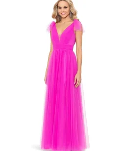 Betsy & Adam Dresses|Dresses<Long Mesh V-Neck Ballgown Hot Pink
