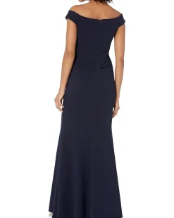 XSCAPE Dresses|Dresses<Long Off-the-Shoulder Scuba Crepe U-Front Dress Navy