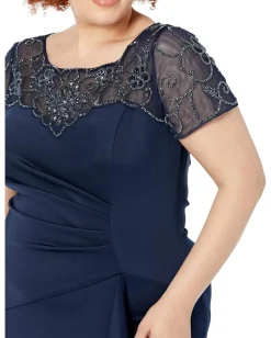 Dresses|Dresses|XSCAPE Long Scuba Dress with Ruching, Ruffles and Beading Midnight