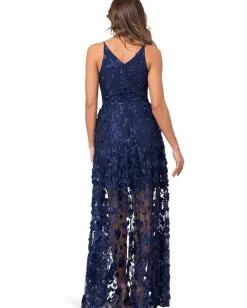 XSCAPE Dresses|Dresses<Long Soutache Mesh V Neck Navy