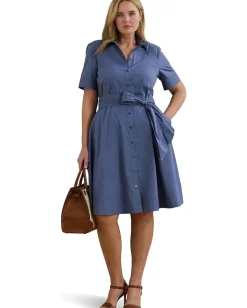 Dresses|Dresses|Lauren Ralph Lauren Plus Size Belted Cotton-Blend Shirtdress Capri Blue