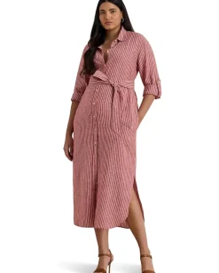 Dresses|Dresses|Lauren Ralph Lauren Plus Size Striped Linen Roll-tab-sleeve Shirtdress Light Red/White