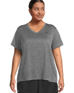 Activewear|Shirts & Tops|Under Armour Plus Size Tech Short Sleeve V-Neck Twist Castlerock/Black