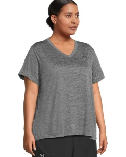 Activewear|Shirts & Tops|Under Armour Plus Size Tech Short Sleeve V-Neck Twist Castlerock/Black