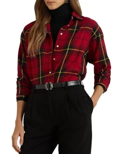 Lauren Ralph Lauren Relaxed Fit Checked Plaid Cotton Shirt Black/Red Outlet