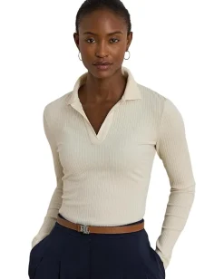 Women Lauren Ralph Lauren Rib-Knit Long-Sleeve Polo Top