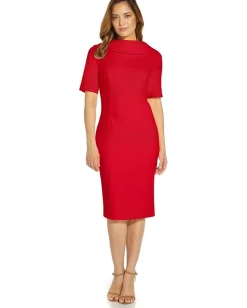 Adrianna Papell Roll Neck Sheath Collar Dress w/V-Back Red