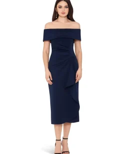 XSCAPE Scuba Crepe Over-the-Shoulder Side Ruched Dress Midnight Online