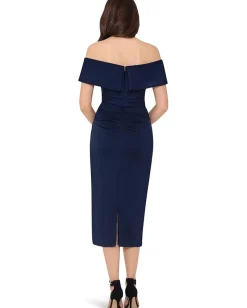XSCAPE Scuba Crepe Over-the-Shoulder Side Ruched Dress Midnight Online