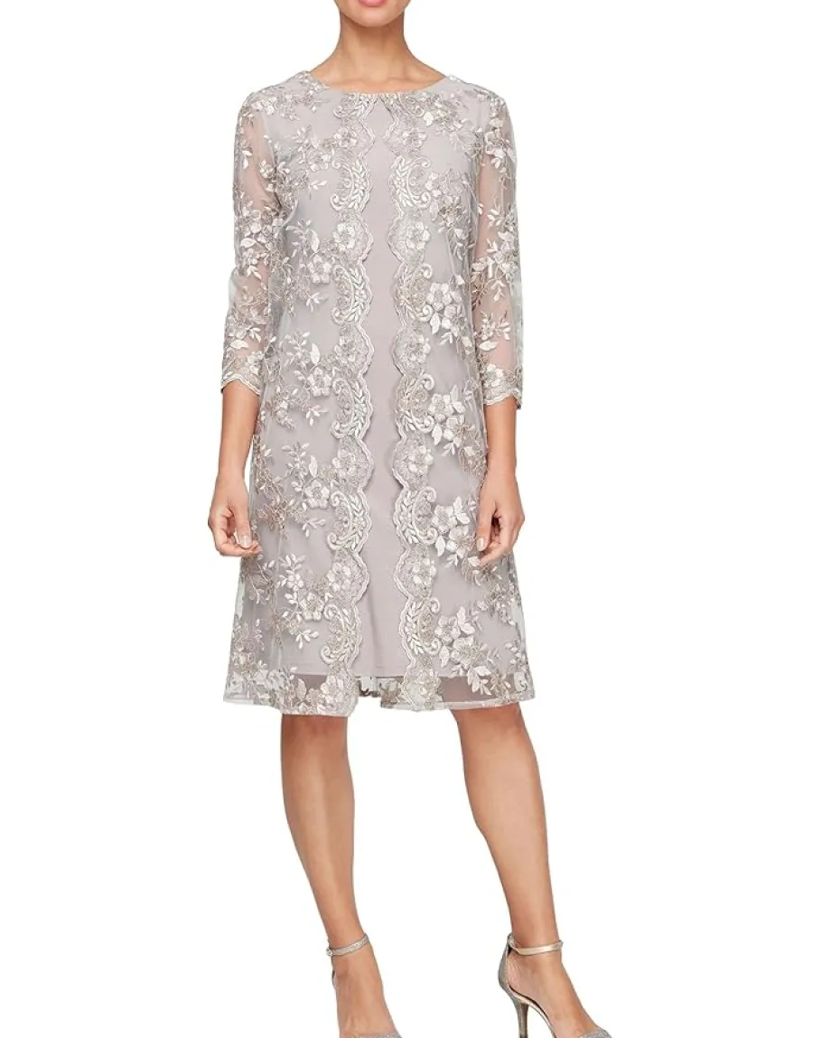 Alex Evenings Dresses|Dresses<Short Embroidered Mock Dress with Illusion Sleeves Taupe